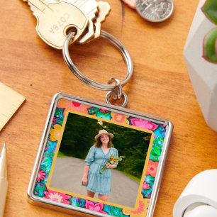 Roligt Söt Blommigt Photo Inspiritivity Keychain Fyrkantig Silverfärgad Nyckelring