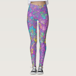 Roligt Söt Färg Lila Boho Hippie Blommönster Leggings