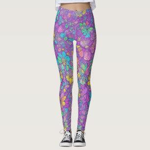 Roligt Söt Färg Lila Boho Hippie Blommönster Leggings
