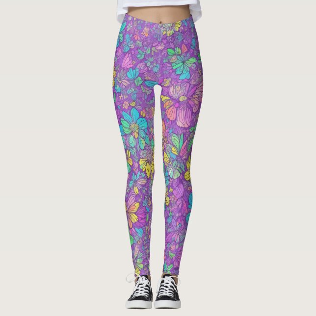 Roligt Söt Färg Lila Boho Hippie Blommönster Leggings (Framsida)