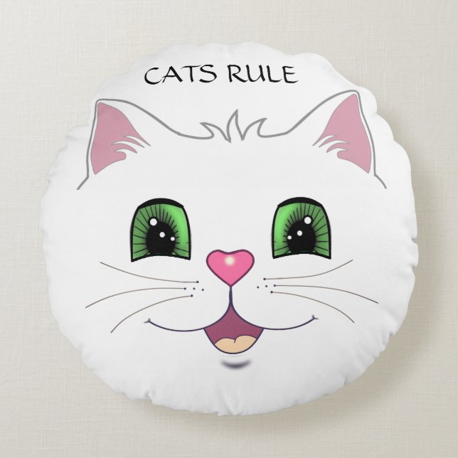 Roligt sött kattansikte på vit rund kudde (Framsidan)
