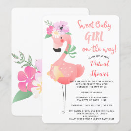 Roligt sött rosa flamingo babyfirande virtuellt pa inbjudningar