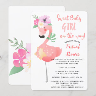 Roligt sött rosa flamingo babyfirande virtuellt pa inbjudningar