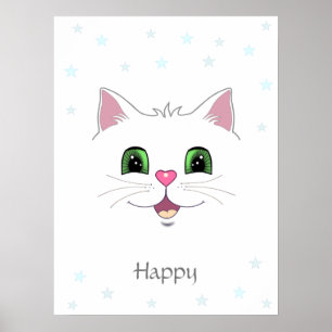 Roligt sött vitt kattansikte och stjärnor poster