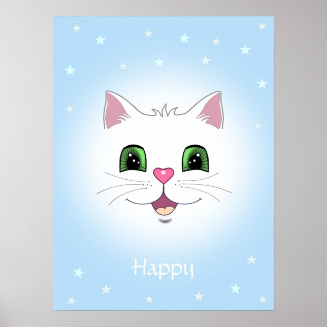 Roligt sött vitt kattansikte på ljusblå poster (Framsidan)