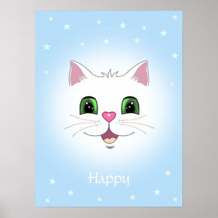 Roligt sött vitt kattansikte på ljust blått poster