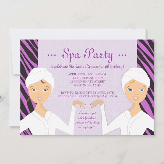Roligt Spa Girl Birthday Spa Party-inbjudan| Zebra Inbjudningar (Framsida)