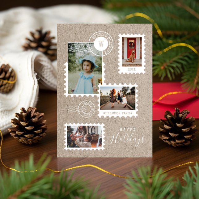 Roligt Speciell Delivery-Frimärke-fotokollage Julkort (Fun Special Delivery Postage Stamps Photo Collage Holiday Card)