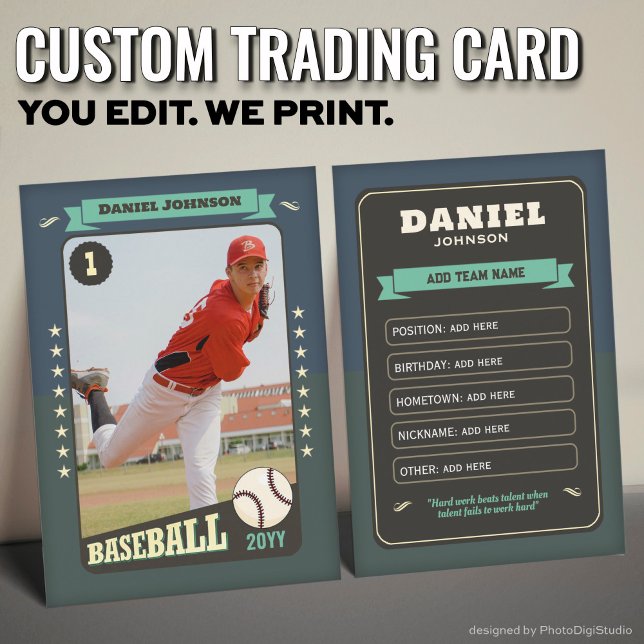 Roligt-spelarkort för anpassningsbar Retro Basebal (Custom Baseball Trading Card, Teal Retro Player Card)