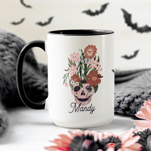 Roligt Spooky Blooming Blommigt Halloween Skull Mugg (Skapare uppladdad)