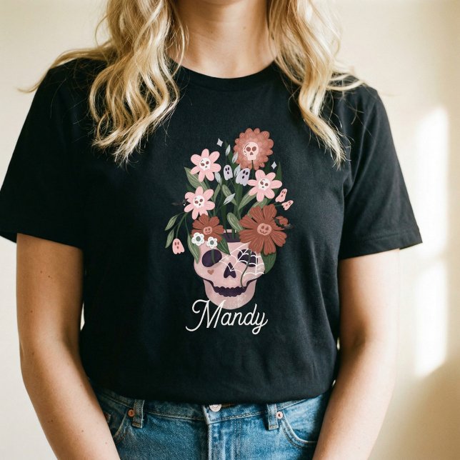Roligt Spooky Blooming Blommigt Halloween Skull T Shirt (Cute Fun Pink Skull Flowers Halloween Custom Name Tri-Blend Shirt)