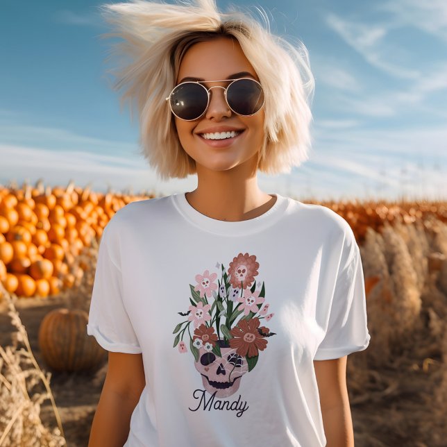 Roligt Spooky Blooming Blommigt Halloween Skull T Shirt (Fun Spooky Blooming Floral Halloween Skull T-Shirt)