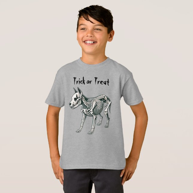 Roligt Spooky Hund Skeleton, Kids Halloween T Shirt (Hel framsida)