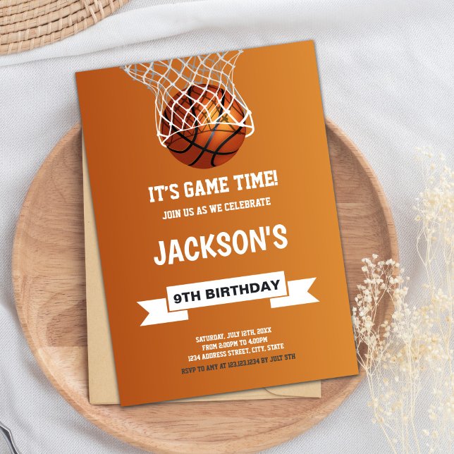 Roligt Sports Party Design Inbjudningar (Orange Light Basketball Birthday Invitations)