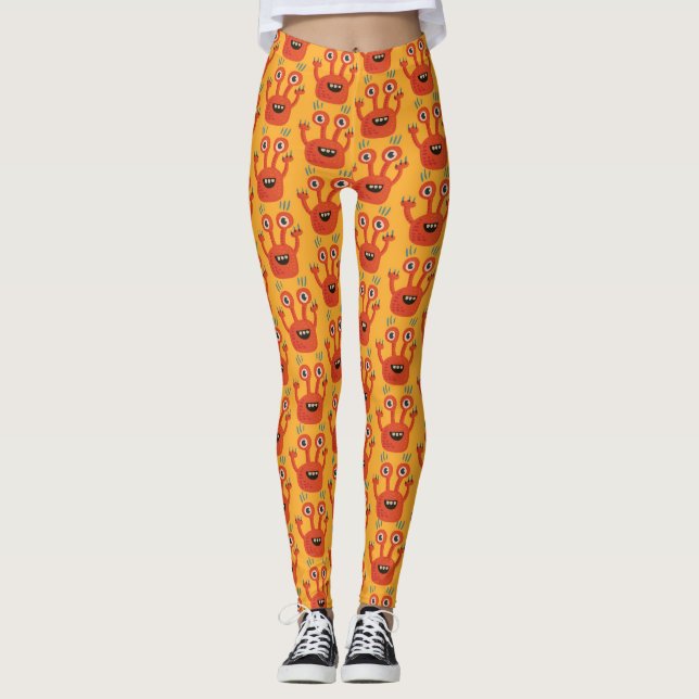 Roligt stort synat orange lyckligt monster leggings (Framsida)