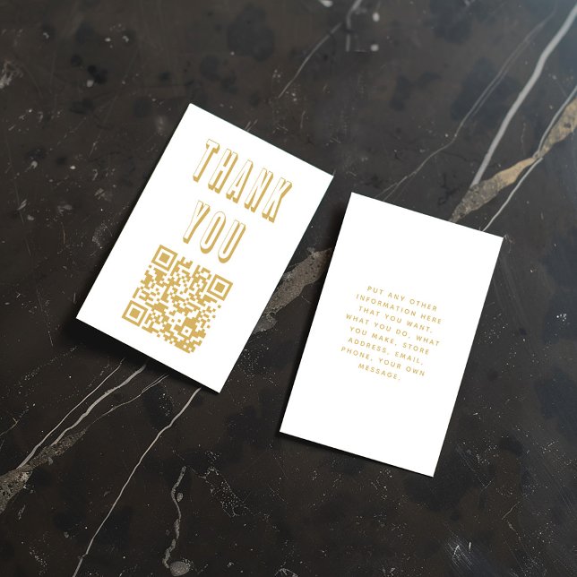 Roligt stort tack för guld QR-koden Tilläggskort (Bold white and gold thank-you insert card with QR code, displayed on a black marble surface)