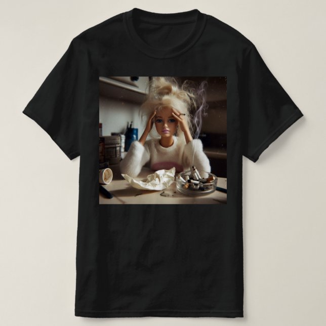 Roligt Stressad Dockansikte Meme Rökande Sarksasti T Shirt (Design framsida)