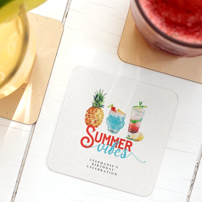 Roligt Summer Vibes Vibrant Cocktails Födelsedagsf Underlägg Papper Kvadrat (Skapare uppladdad)
