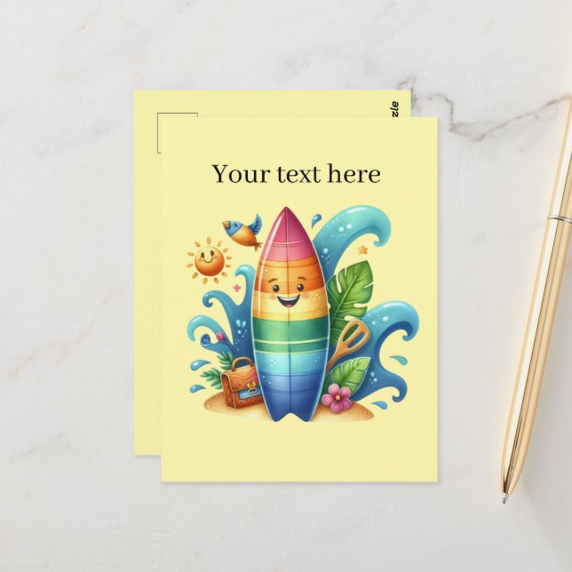 Roligt Summertime anpassade strand surfboard Vykort (Fram/Back In Situ)