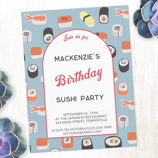 Roligt Sushi Födelsedagsfest inbjudan (Fun Japanese sushi food art themed birthday party invitation with personalized custom text)