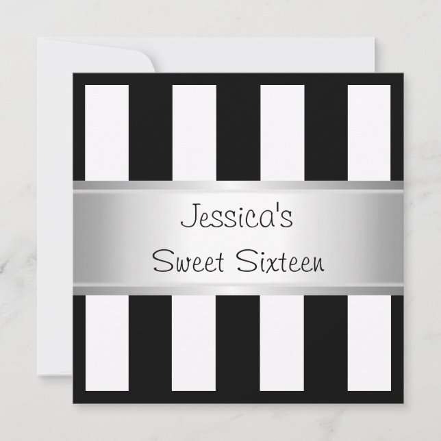 Roligt Sweet 16 Black & White Rand Silver Party Inbjudningar (Framsida)