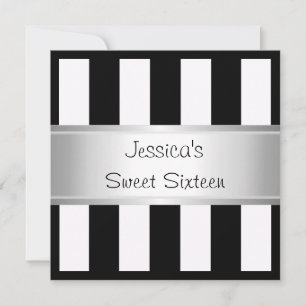 Roligt Sweet 16 Black & White Rand Silver Party Inbjudningar