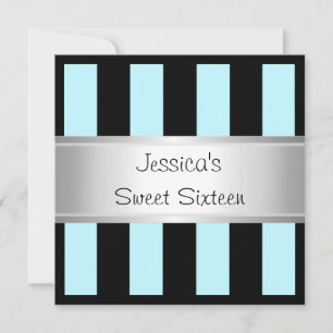 Roligt Sweet 16 Light Blue Black Rand Silver Party Inbjudningar