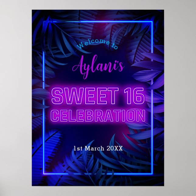 Roligt Sweet 16 Neon Glow Födelsedagsfest Välkomme Poster (Framsidan)