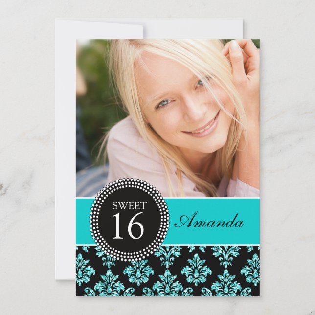 ROLIGT SWEET SIXTEEN, TEAL GLITTER, DAMASK INBJUDNINGAR (Framsida)