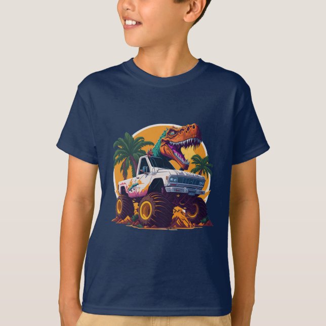 Roligt T-Rex Riding Monster Lastbil Kids T-Shir T Shirt (Framsida)