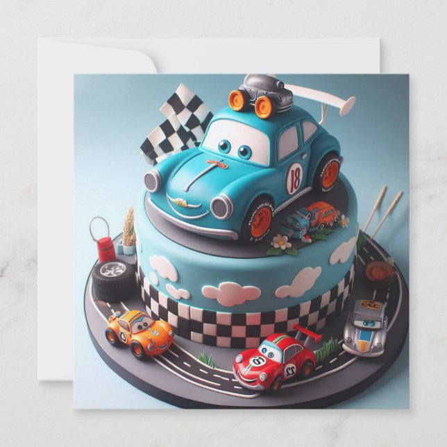 ROLIGT TÄVLING CAR THEMED BIRTHDAY CAKE INBJUDNINGAR (Framsida)