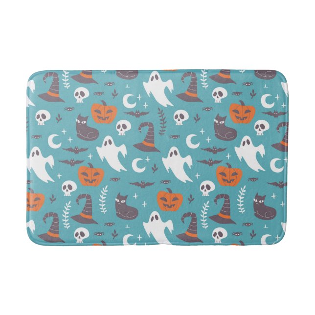 Roligt Teal Doodle Halloween Mönster Badrumsmatta (Framsidan)