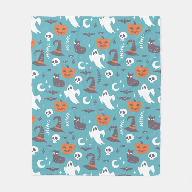 Roligt Teal Doodle Halloween Mönster Fleecefilt (Framsidan)