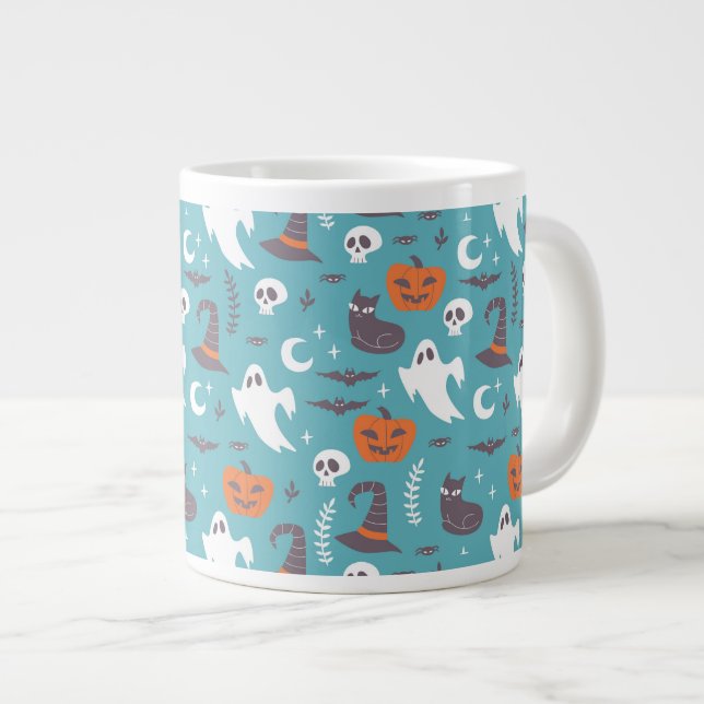 Roligt Teal Doodle Halloween Mönster Jumbo Mugg (Framsida höger)