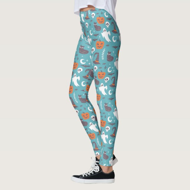Roligt Teal Doodle Halloween Mönster Leggings (Vänster)