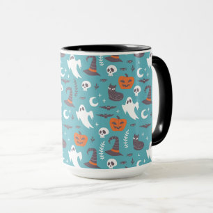 Roligt Teal Doodle Halloween Mönster Mugg