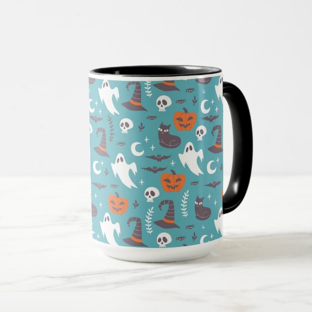 Roligt Teal Doodle Halloween Mönster Mugg (Framsida höger)