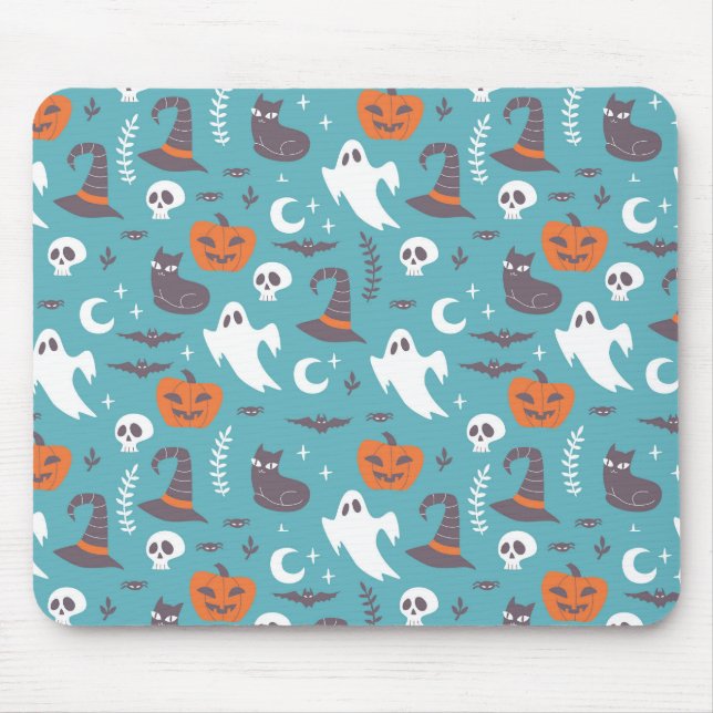 Roligt Teal Doodle Halloween Mönster Musmatta (Framsidan)