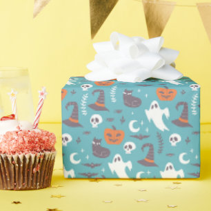 Roligt Teal Doodle Halloween Mönster Presentpapper