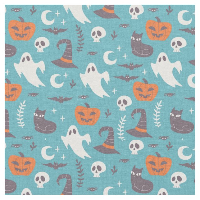 Roligt Teal Doodle Halloween Mönster Tyg (Närbild)
