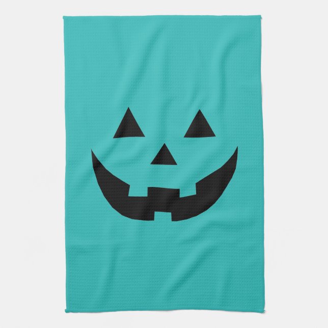 Roligt teal jack o lantern pumpkin ansikte Hallowe Kökshandduk (Vertikal)