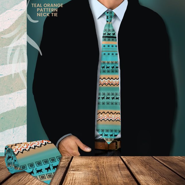Roligt Teal Orange Cats Mönster Slips (Teal and Orange pattern neck tie with cats graphic, with dark jacket)