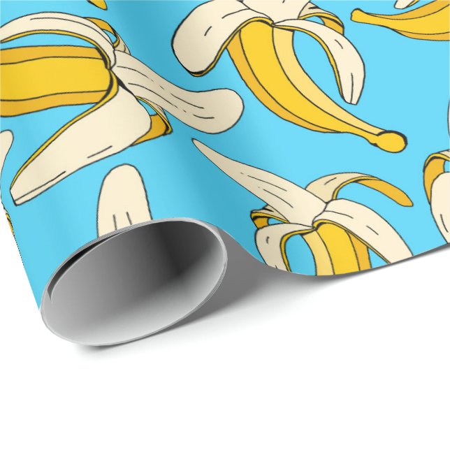 Roligt Tecknad Bananas Aqua Blue Gult Fruit Mönste Presentpapper (Rullad Hörn)
