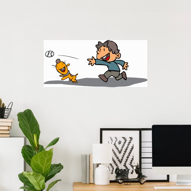 Roligt Tecknad Boy och Hund spelar in Poster (Skapare uppladdad)