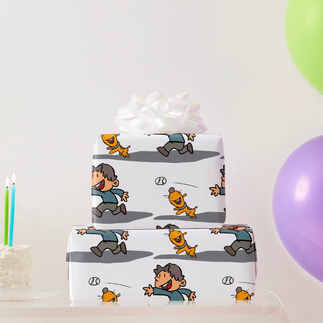 Roligt Tecknad Boy och Hund spelar in Presentpapper (Skapare uppladdad)