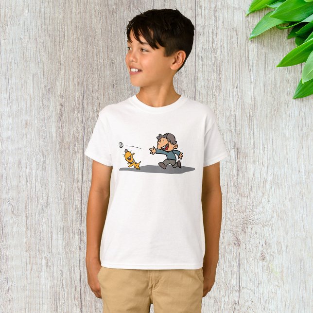 Roligt Tecknad Boy och Hund spelar in T Shirt (Skapare uppladdad)