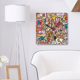 Roligt Tecknad Caracter Hand plockade Toss Mönster Fyrkantig Klocka