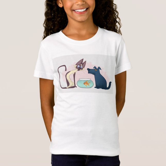 Roligt Tecknad Cat Goldfish Hund T Shirt (Framsida)