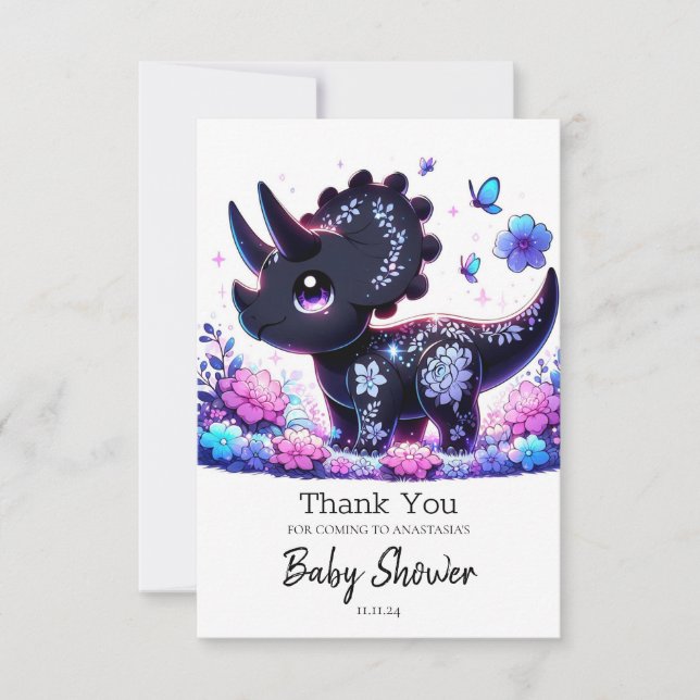 Roligt Tecknad Dinosaur Baby Shower Tack Kort (Framsida)