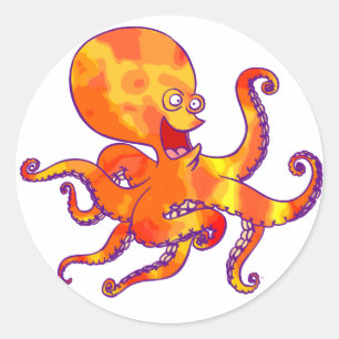 Roligt Tecknad Oktopus Sticker Runt Klistermärke